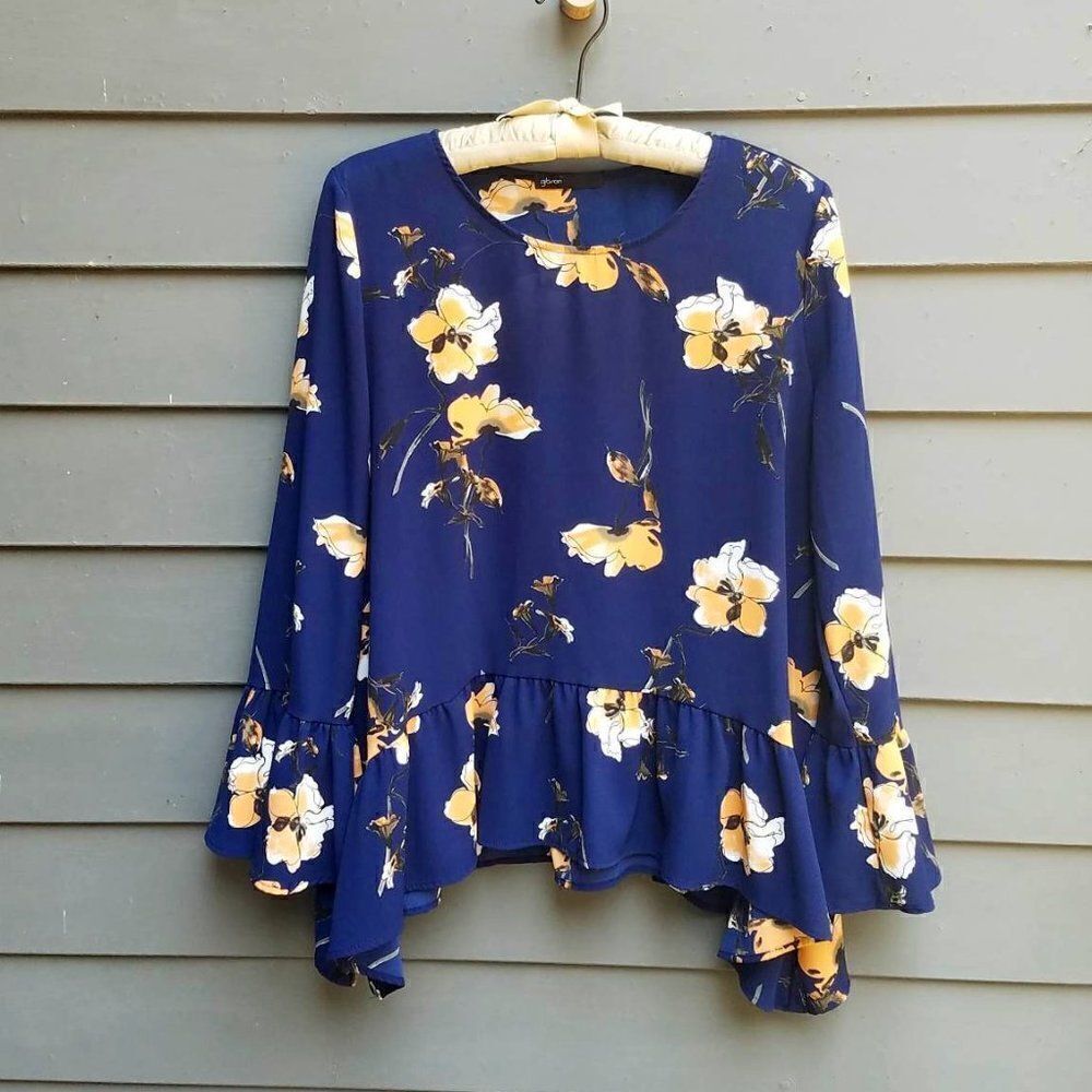 Gibson Navy Gold White Ruffle Sleeves Peasant Top size Medium